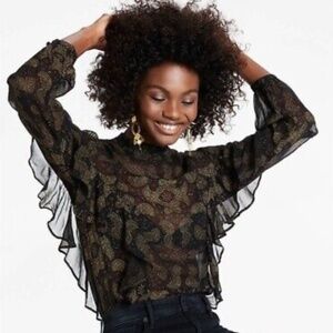 Lucky Brand High Neckline Black and Gold Printed Ruffle Blouse